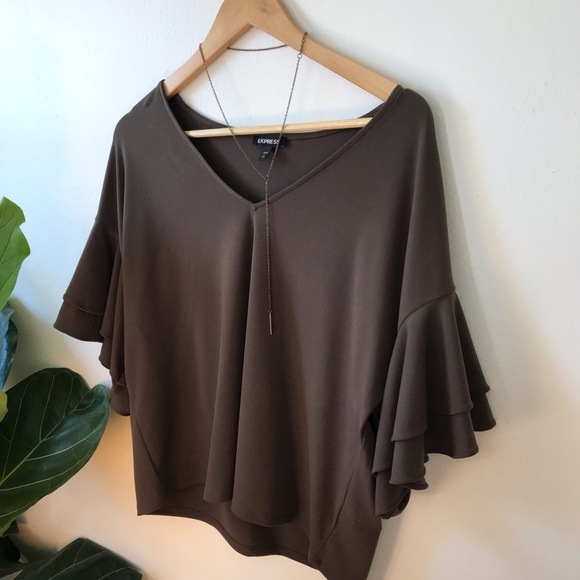 Olive/army green flutter sleeve vneck top, Express - Picture 2 of 4